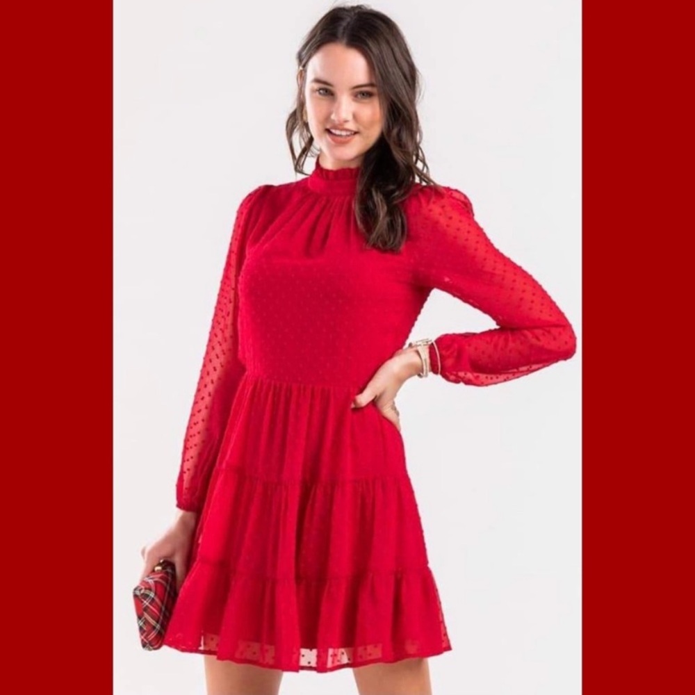 Mi Ami Red Swiss Dot Tier RuffleLong Sleeve Dress Mi Ami